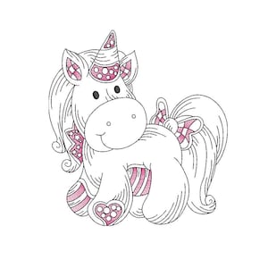 May include: A whimsical illustration of a white unicorn with pink accents. The unicorn has a pink and white striped horn, a pink bow, and pink details on its legs and ears. The design is outlined in black.