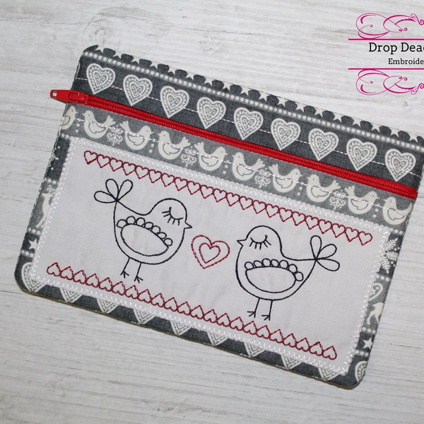 ith scandi stye bird heart fully lined no raw edge seams zippered bag purse three sizes included in the hoop zip pouch