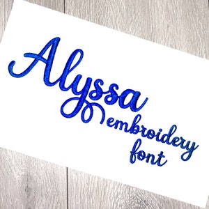 Alyssa Script machine embroidery font alphabet design file 4 sizes available in BX, PES, JEF & other formats