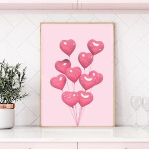 Heart Balloons Print, Girly Dorm Room, Trendy Wall Art for College, Preppy Poster, Y2K Aesthetic Art, Pink Retro, Pink Doll Decor