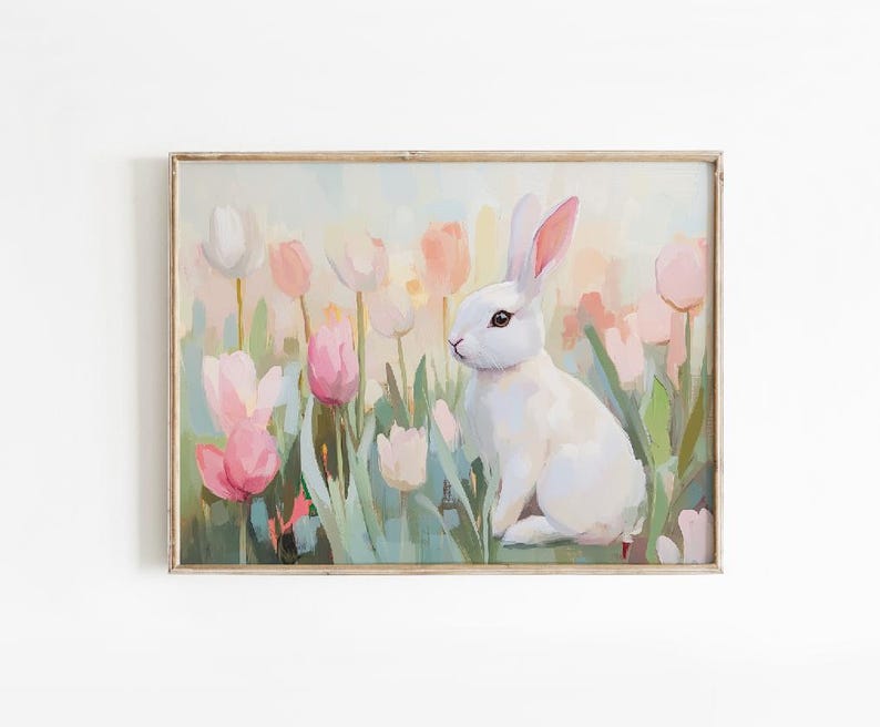Bunny Tulip Field Painting: Spring Nursery Art (digital Download) - Etsy