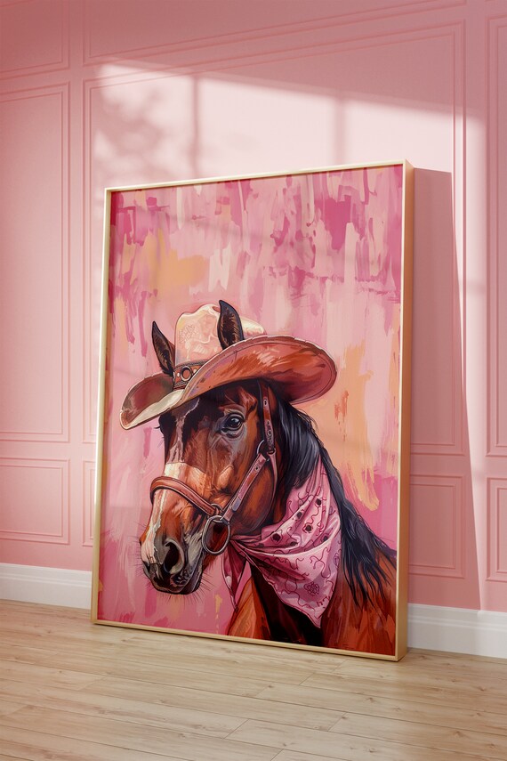 Horse in Cowgirl Hat Pink Print: Funky Western Art (digital  display picture 3
