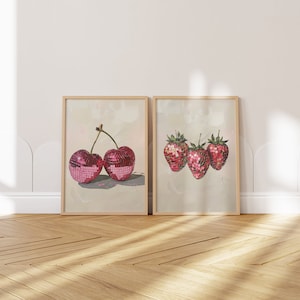 Retro Disco Fruit Print Set: Strawberry & Cherry Wall Art (Digital Download)