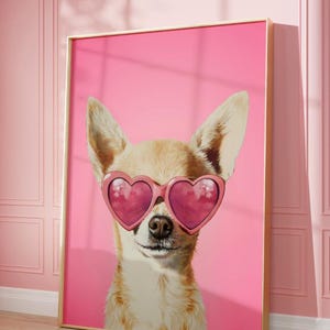 Wydrukuj różowy chihuahua, plakat funky, sztuka preppy, jamnik, pies, słodki różowy wystrój, nadruk psa, pokój dziecięcy, nadruk psa chihuahua
