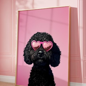 Pink Schwarz Goldendoodle Print, Funky Poster, Preppy Art, Goldendoodle Hund, süßes rosa Dekor, Hundedruck, Kinderzimmer, Doodle Dog Druck