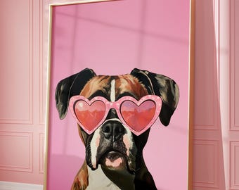 Puede incluir: Un perro Boxer con gafas de sol de corazón rosa sobre un fondo rosa.