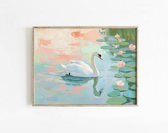 May include: A white swan swims in a pond with pink and blue water lilies. The water is a light blue with pink and peach hues. The swan is facing to the right and has a long neck.