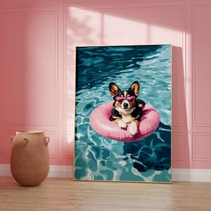 Wydrukuj różowy nadruk Corgi, Funky plakat, Preppy sztuka, Corgi pies, Uroczy nadruk psa, Letni nadruk psa, Funky sztuka psa