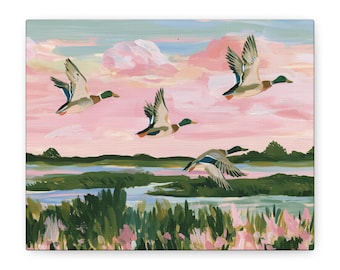 Mallard Ducks Flying Canvas, Country Marsh Decor