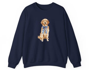 May include: A navy blue sweatshirt with a golden retriever wearing a blue bow tie printed on the front.