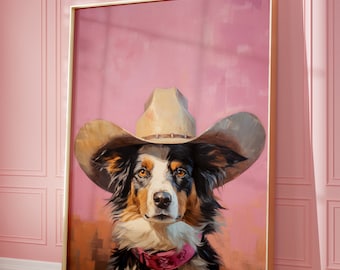 Dog Cowgirl Hat Print, Pink Print, Vintage Art, Western Girly Preppy Trendy Wall Art, Puppy Print, Cowgirl Hat Print, Funky Western Art