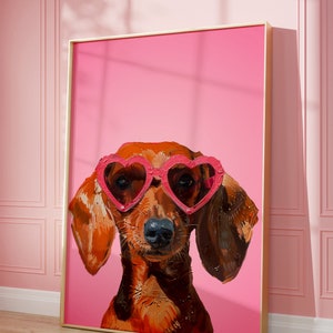 Printable Pink Dackel Print, Funky Poster, Preppy Art, Dackel, Hund, niedliches rosa Dekor, Hundedruck, Kinderzimmer, Weiner Hund