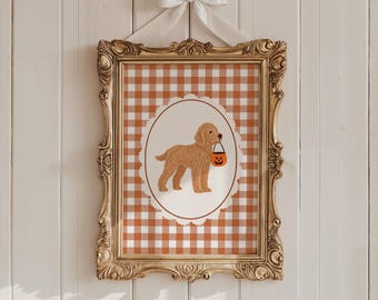 Halloween Goldendoodle Fall Print, Neutral Aesthetic Print, Cute Halloween Trendy Wall Art, Bernedoodle Dog Autumn Fall Printable