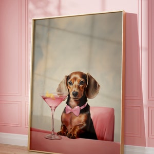 Rosa Dackel Print, Funky Poster, Preppy Art, Dackel, Hund, Barwagen Martini-Dekor, Hundedruck, Partydekor, Weiner Hundedruck