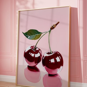 Retro Cherry Kitchen Print: Pink Fruit Wall Art (Digital Download)