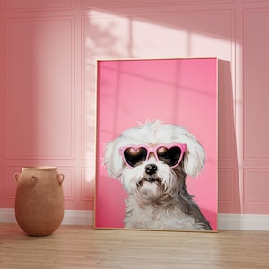 Rosa Malteser Druck, Funky Poster, Preppy Art, Malteser Hund Geschenk, süßes rosa Dekor, Hundedruck, Kinderzimmer Druck