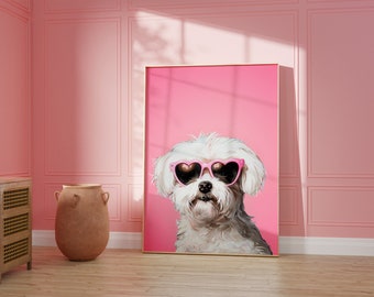 May include: A framed print of a white dog wearing pink heart-shaped sunglasses against a pink background.
