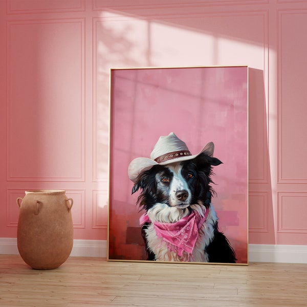 Dog Cowgirl Hat Print, Pink Print, Vintage Art, Western Girly Preppy Trendy Wall Art, Puppy Print, Cowgirl Hat Print, Funky Western Art