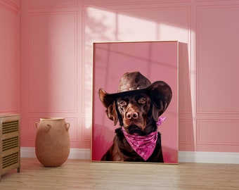 Hund Cowgirl Hut rosa Kunstdruck - Western Welpe (Digitaler Download)