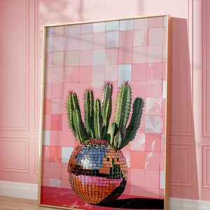 Disco Kaktus Cowgirl Wandkunst, Cowgirl Wohnheim Dekor, Funky Disco Wand Druck Digitaler Download Poster Bar Warenkorb, Preppy Pink Room Decor Ästhetik