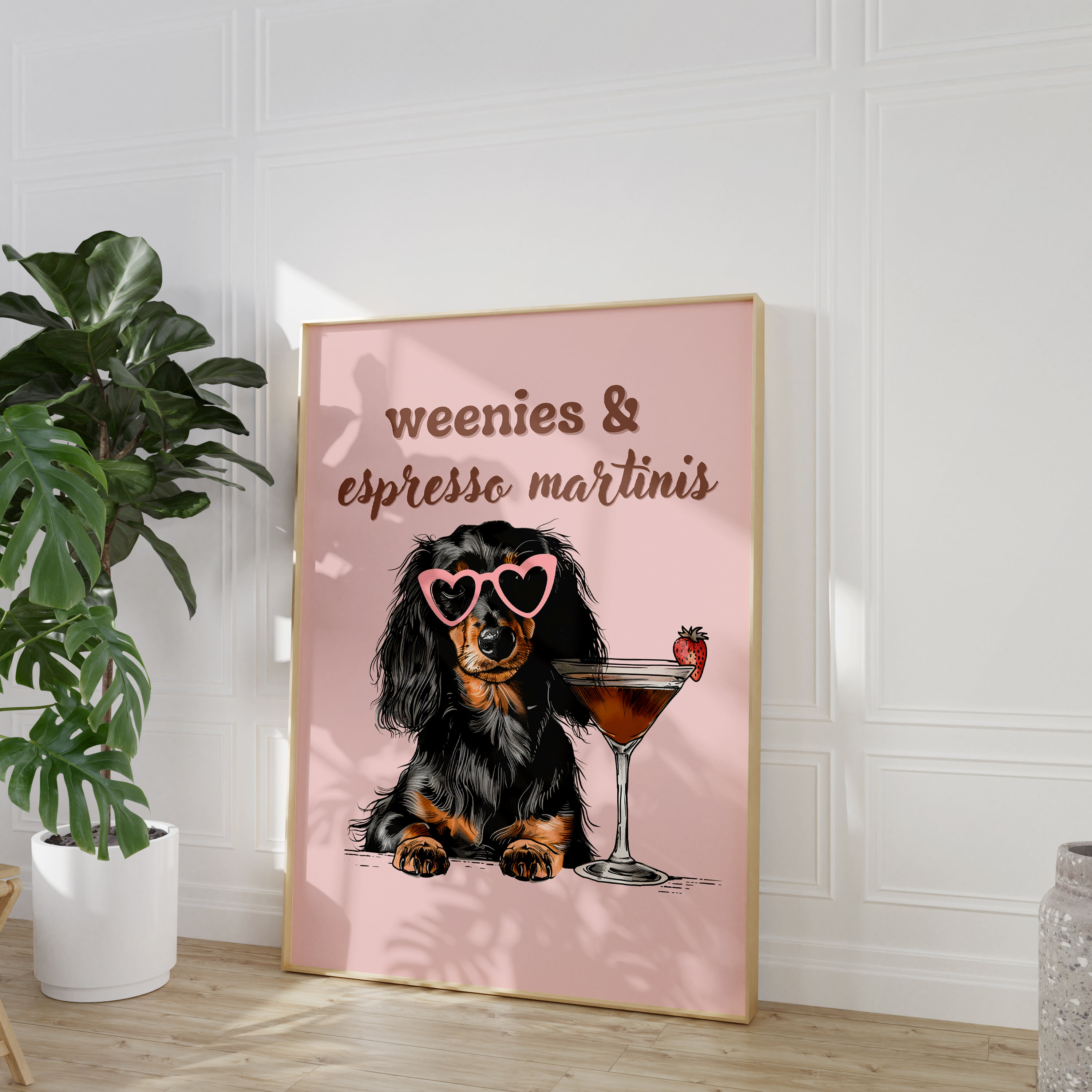 Pink Dachshund Martini Bar Cart Print: Preppy Dog Art (digital
