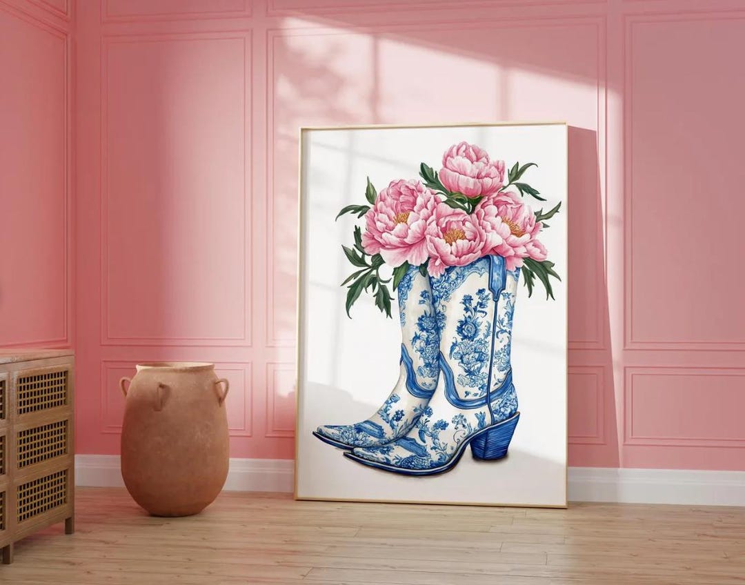 Chinoiserie Cowgirl Boots Print: Blue Floral Preppy Decor - Etsy