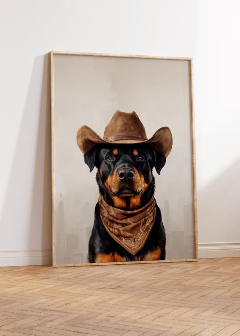 May include: A black and tan Rottweiler dog wearing a brown cowboy hat and a brown bandana with a paisley pattern. The dog is looking directly at the camera.