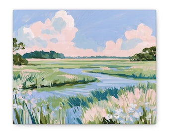 Pastel Coastal Lowcountry Marsh Landscape Canvas