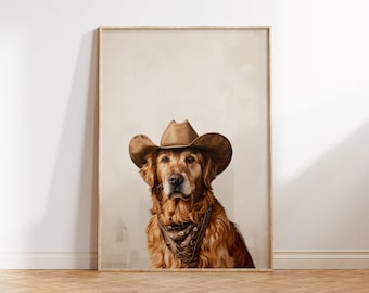 Dog Cowgirl Hat Print, Golden Retriever Neutral Aesthetic Print, Vintage Art, Western Trendy Wall Art, Cowgirl Hat Print, Funky Western Art