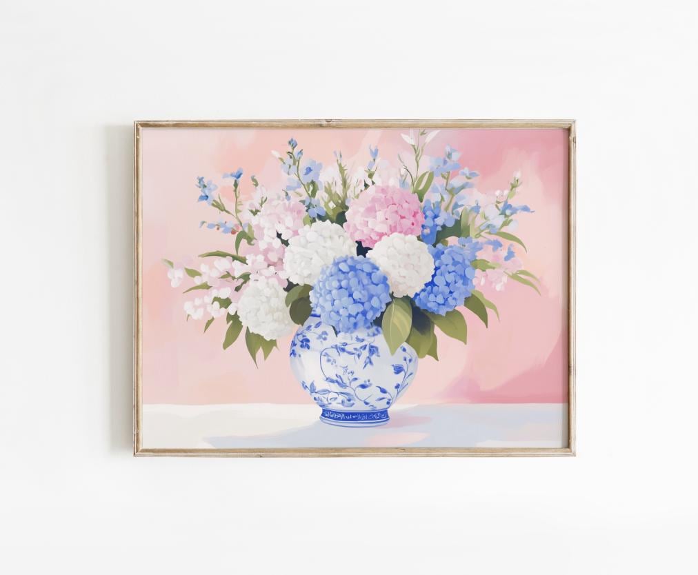 Preppy Hydrangea Painting Chinoiserie Printable Art, Preppy Blue Pink White Floral Painting, Preppy Apartment Dorm Decor, Hydrangea Wall Art