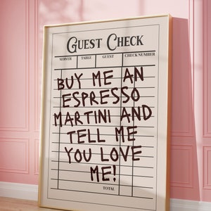 Cheque de invitado de moda divertido Espresso Martini, cita divertida para el cartel estético del dormitorio universitario, cartel preppy para la decoración del carrito del bar del apartamento