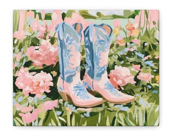 Blue Floral Cowgirl Boots Canvas, Stretched Matte Canvas, Preppy Cowgirl Decor
