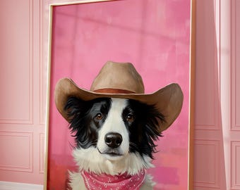 Border Collie Cowgirl Hut Druck: Pinker Western Welpe Kunst (Digitaler Download)