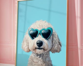 May include: A white dog with fluffy fur wearing blue heart-shaped sunglasses against a light blue background.