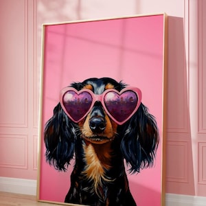 Langhaariger Dackel Druck, Funky Poster, Preppy Art, Dackel, Hund, niedliches rosa Dekor, Hundedruck, Kinderzimmer Hundedruck