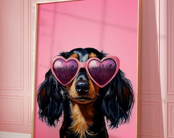 Puede incluir: Un dachshund negro y marrón con gafas de sol de corazón rosa sobre un fondo rosa.