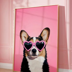 Preppy Art, Waliser Corgis Hund, Funky Poster, Rosa dreifarbiger Corgis Druck, niedliches rosa Dekor, Hundedruck, Kinderzimmer, Corgis Hund Druck