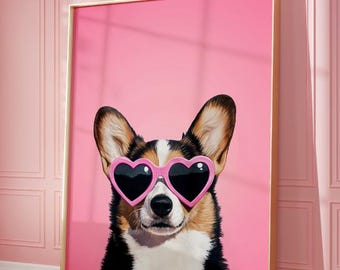Puede incluir: Un perro negro y marrón con gafas de sol de corazón rosa sobre un fondo rosa.