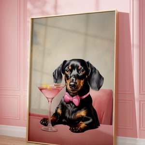 Printable Pink Dackel Print, Funky Poster, Preppy Art, Dackel, Hund, Barwagen Martini-Dekor, Hundedruck, lustiges Dekor, Weiner Hund Druck