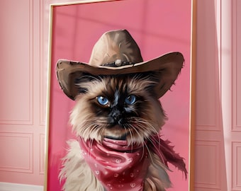Ragdoll Cat cowgirl-hoed print: funky western kunst (digitale download)