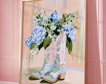 PRINTED AND SHIPPED Hydrangeas in Cowgirl Boots, Preppy Girly Wall Art
