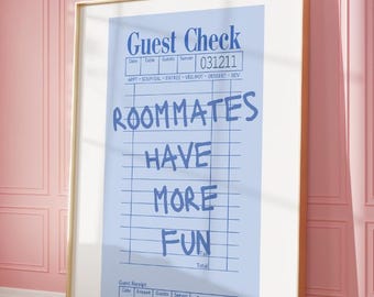 Trendy Blue Guest Check Funny Roomates Print, Funny Quote for College Dorm Blue Aesthetic Poster, Preppy Poster for Apartment Bar Cart Decor