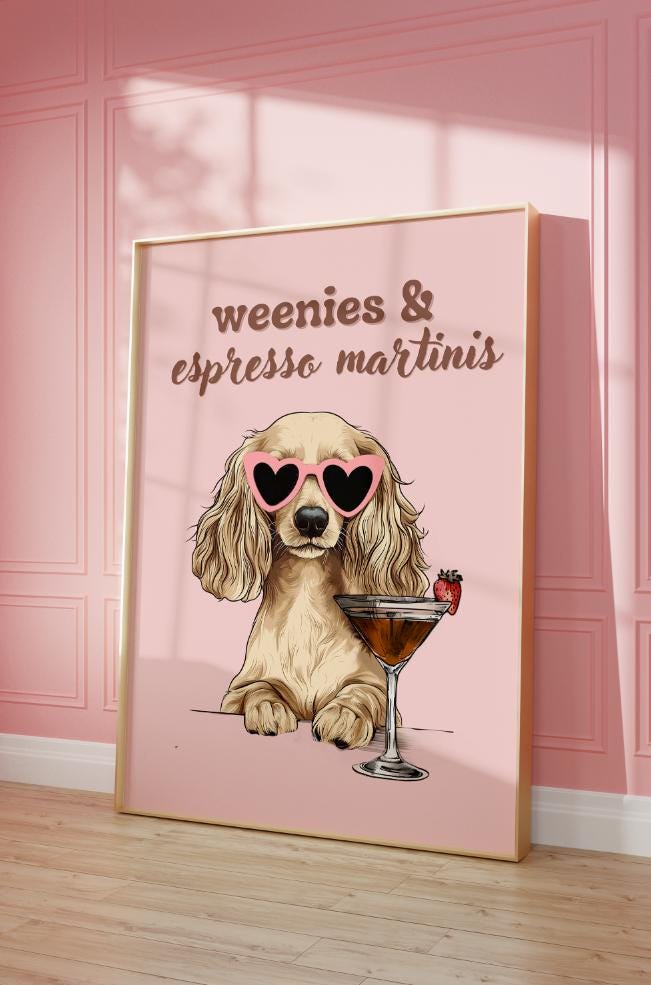 Pink Dachshund Martini Bar Cart Print: Preppy Dog Art (digital