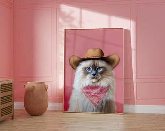 Ragdoll Cat cowgirl-hoed print: funky western kunst (digitale download)