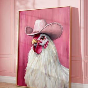 Afdrukbare print roze kip, funky poster cowboy kip, schattig roze decor, print kip, kinderkamer, printbare cowboykunst