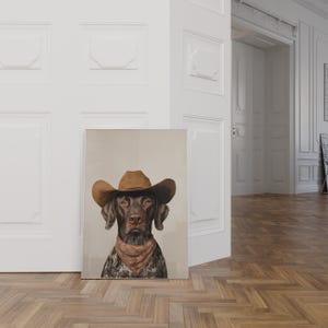 Puede incluir: Un perro marrón y blanco con un sombrero de vaquero marrón y un pañuelo rojo. El perro está mirando directamente a la cámara. La imagen es una pintura digital.