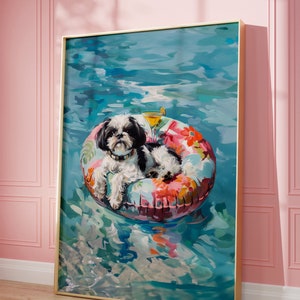 Printable Pink Shih Tzu Print, Funky Poster, Preppy Art, Shih Tzu Dog, Bar Cart Martini Decor, Dog Print, Summer Dog Print