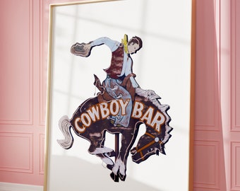 Cowboy Bar Sign Digital Download Vintage Cowboy, Rodeo Cowboy, Pink Western Print, Cowgirl Western Aesthetic, Western Decor, Preppy Pink Art