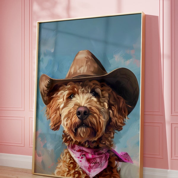 Impression de chapeau de cow-girl chien, impression rose, art vintage, art mural Western Girly preppy tendance, impression chiot, impression de chapeau de cow-girl, art western génial