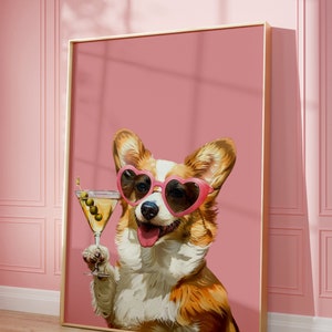 Rosa Corgis Martini Druck, Funky Poster, Preppy Art, Waliser Corgis Hund, süßes rosa Dekor, Hundedruck, Martini-Liebhaber, Corgis Hundedruck